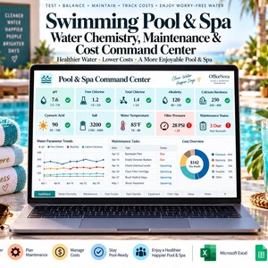 May include: A laptop displaying the Pool & Spa Command Center dashboard, featuring water chemistry metrics like pH, chlorine, and alkalinity, maintenance task lists, and cost overview charts for swimming pool and spa water management.