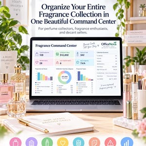 May include: A laptop displaying the OfficeNova Fragrance Command Center software, surrounded by perfume bottles, a notebook with the text Same Scents Brighter Goals, and a row of colorful circular icons labeled Collection, House, Decants, and more.