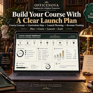 Op de afbeelding: Een laptopscherm met een Officenova Excel-sjabloon voor het lanceren van cursussen, met een dashboard inclusief een productiekalender, omzetscenario's en lanceringsstatus. De interface bevat secties voor cursusconcept en curriculum.