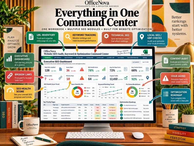 May include: A computer monitor displaying the OfficeNova Executive SEO Dashboard, featuring data visualizations for URL inventory, keyword tracking, technical SEO, and content audits. The screen shows various metrics, charts, and an optimization roadmap.