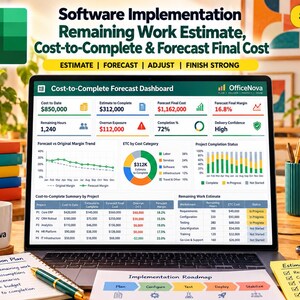May include: A laptop screen displays a Cost-to-Complete Forecast Dashboard with financial data, charts, and project status tables. The screen shows metrics like Cost to Date, Estimate to Complete, and Forecast Final Cost for software implementation projects.