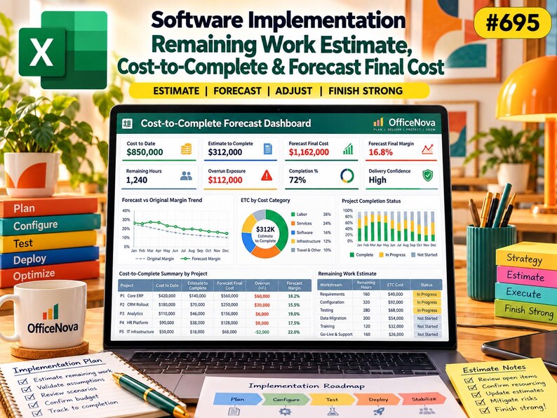 May include: A laptop screen displays a Cost-to-Complete Forecast Dashboard with financial data, charts, and project status tables. The screen shows metrics like Cost to Date, Estimate to Complete, and Forecast Final Cost for software implementation projects.