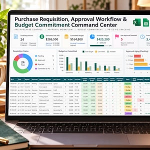 Puede incluir: Una pantalla de portátil que muestra un panel de control de solicitudes de compra, flujos de aprobación y compromisos presupuestarios. La interfaz incluye tablas de datos, gráficos de barras y gráficos circulares para métricas financieras.