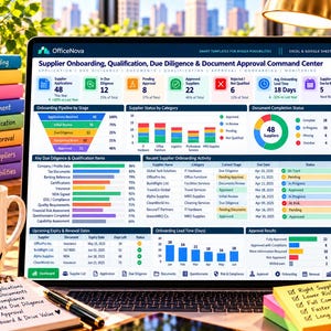 May include: A laptop screen displaying the OfficeNova Supplier Onboarding Command Center dashboard with various data charts, tables, and metrics. The screen shows supplier application status, pipeline funnels, and document completion status in a professional interface.