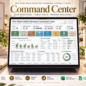 May include: A laptop screen displaying a New Home Build Selection Command Center dashboard. The interface features data tables, bar charts, and progress bars for tracking room selections, costs, allowances, and installation status for home building projects.