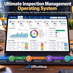 Peut inclure: Un ordinateur portable affichant le tableau de bord du système d'exploitation de gestion des inspections OfficeNova, avec des graphiques de données, des tendances d'inspection et un processus de travail en cinq étapes : inspection, constatations, actions correctives, vérification et clôture.