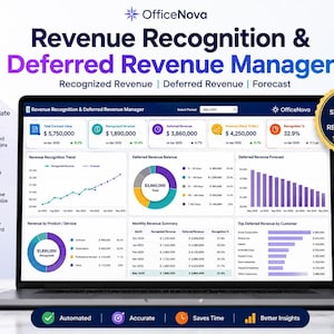 Pode incluir: Uma tela de laptop exibindo o modelo de Excel OfficeNova Revenue Recognition & Deferred Revenue Manager. O painel apresenta gráficos financeiros, tabelas e métricas, incluindo o valor total do contrato, receita reconhecida e receita diferida.