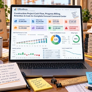 May include: A laptop displaying a construction project cash flow dashboard with charts and financial data. The screen shows OfficeNova branding, project cost breakdowns, and billing progress. Surrounding items include a notebook with a checklist, a white hard hat, a mug, a tape measure, and sticky notes with business-related text.