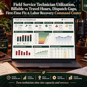 Puede incluir: Un ordenador portátil que muestra el panel de control OfficeNova Field Service con métricas sobre horas facturables, tiempo de viaje y utilización de técnicos. La pantalla muestra gráficos y tablas titulados Field Service Technician Utilization, Billable vs Travel Hours, Dispatch Gaps, First-Time Fix & Labor Recovery Command Center.