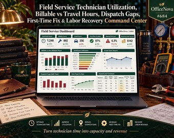 Field Service Technician Utilization Excel Template | Billable vs Travel Hours, Dispatch Gaps, First-Time Fix & Labor Recovery Dashboard
