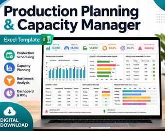 May include: A digital Excel template for Production Planning & Capacity Manager displayed on a laptop screen. The dashboard features charts, graphs, and tables tracking production schedules, capacity utilization, and bottleneck analysis with data.