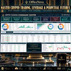 May include: A computer monitor displaying the OfficeNova Crypto Trading Command Center dashboard with financial charts, portfolio values, and open perpetual futures positions. The screen shows data tables, risk metrics, and the text A CLEAR PLAN A CALM MIND A BRIGHTER TOMORROW.
