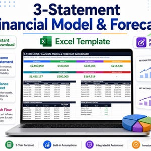 May include: A 3-Statement Financial Model and Forecast Excel template displayed on a laptop screen. The dashboard shows revenue, EBITDA, net income, and cash flow data. Includes icons for income statement, balance sheet, and cash flow analysis.