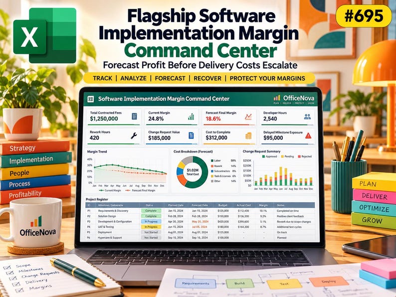 May include: A laptop screen displaying the OfficeNova Software Implementation Margin Command Center dashboard with financial metrics, charts, and a project register. The screen shows data for total contracted fees, margins, and costs.
