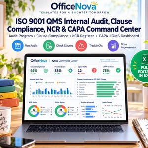 以下が含まれることがあります： グラフとメトリクスを表示するOfficeNova ISO 9001 QMS Internal Audit Command Centerダッシュボードを表示したノートパソコン。画面には条項のコンプライアンス、NCRステータス、監査の傾向が表示されています。デスクにはマグカップ、本、メモ帳があります。