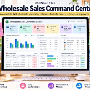 Puede incluir: Un monitor de computadora muestra el panel de control Wholesale Sales Command Center, con tablas de datos, gráficos de barras y métricas para minoristas, pedidos e ingresos, incluyendo encabezados de texto, alertas y un flujo de pedidos.