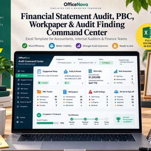 Può includere: Uno schermo di computer portatile che mostra il modello Excel OfficeNova Financial Statement Audit, PBC, Workpaper & Audit Finding Command Center. La dashboard include sezioni per la configurazione dell'impegno, entità e periodo, materialità, valutazione del rischio, tracker PBC, documenti di lavoro, risultati dell'audit, revisione e firma, e una dashboard di completamento.
