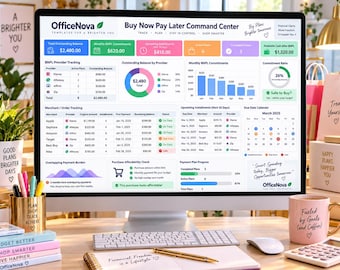 May include: A computer monitor displaying the OfficeNova Buy Now Pay Later Command Center dashboard. The screen features financial tracking tables, bar charts, a donut chart, and a calendar for March 2025, all organized to monitor payment plans and balances.
