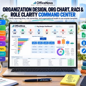 May include: A laptop displaying the OfficeNova Organisation Design Command Centre dashboard, featuring an org chart, RACI matrix, and employee directory. Includes a white mug, a pen, a yellow sticky note, and stacked books with text labels.