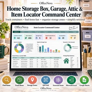 Könnte beinhalten: Ein Laptop-Bildschirm mit der Benutzeroberfläche des OfficeNova Home Storage Box, Garage, Attic & Item Locator Command Center. Das Dashboard enthält Daten-Diagramme, eine Suchtabelle und Navigations-Tabs zur Verwaltung von Lagerbeständen.