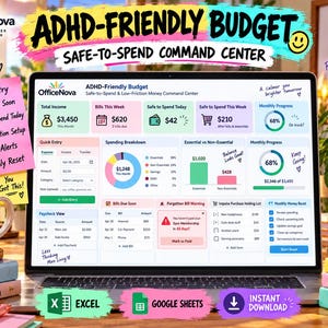 May include: A digital ADHD-friendly budget planner displayed on a laptop screen, featuring sections for total income, bills, safe-to-spend amounts, and spending breakdowns. The interface includes charts, progress circles, and quick entry fields for financial tracking.