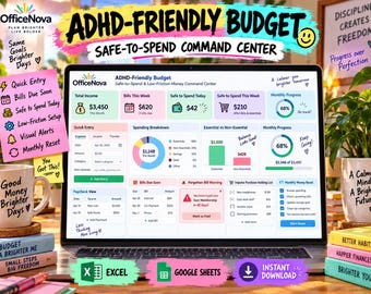 ADHD Friendly Budget Spreadsheet | Safe to Spend, Bills & Paycheck Planner | Excel + Google Sheets