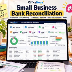 Op de afbeelding: Een laptopscherm toont het OfficeNova Bank Reconciliation Dashboard met financiële gegevens, grafieken en transactielijsten. Het scherm toont rekeningsaldi, gematchte transacties en statusupdates. Omringende items zijn een mok, een plant en notities.