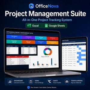 Puede incluir: Un portátil y una tableta que muestran la suite de gestión de proyectos OfficeNova, un sistema de seguimiento todo en uno compatible con Excel y Google Sheets. Las pantallas muestran un panel ejecutivo con métricas, gráficos y una línea de tiempo.