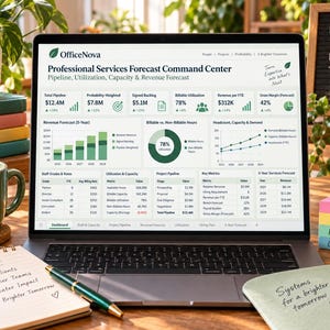 Op de afbeelding: Een laptopscherm met het OfficeNova Professional Services Forecast Command Center dashboard met datastatistieken, grafieken en tabellen. Het scherm toont financiële cijfers, bezettingsgraden en details over de projectpijplijn naast diverse kantoorartikelen.
