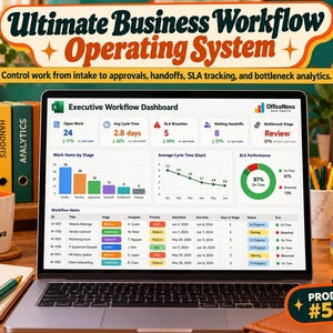 May include: A laptop screen displays an Executive Workflow Dashboard with data charts, metrics, and a task table. The screen shows the text Ultimate Business Workflow Operating System and OfficeNova branding. A mug, notebook, and binders are nearby.