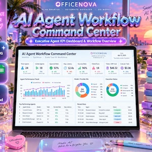 May include: A laptop screen displays the Officenova AI Agent Workflow Command Center dashboard, featuring performance metrics, agent trends, and task status. The interface includes data tables, pie charts, and status indicators for an AI workforce.