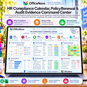 May include: A laptop displaying the OfficeNova HR Compliance Command Center dashboard, surrounded by stacks of colorful books labeled with HR tasks, a white mug with text, a notepad with a checklist, and yellow sticky notes with motivational text.