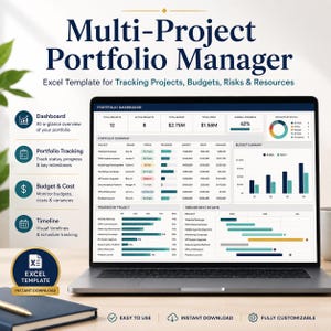 Excel-Vorlage für Multi-Projekt-Portfolio-Manager | Budgets, Aufgaben und Risiken verfolgen (Digitaler Download)