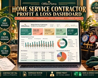 Home Service Contractor P&L Dashboard | HVAC, Plumbing, Cleaning Business Excel Template