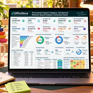 May include: A laptop screen displaying the OfficeNova Procurement Spend, Category, Tail Spend & Maverick Spend Analytics Command Center dashboard, featuring various financial metrics, charts, and tables on a desk with office supplies and notebooks.