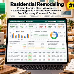 May include: A laptop screen displaying a Residential Remodeling Margin Dashboard in Excel, featuring financial data, bar charts, and pie graphs for project tracking, cost analysis, and profit recovery, with text headers and project registers.