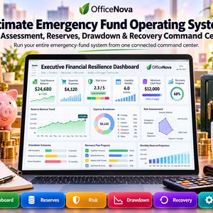 Könnte beinhalten: Ein Laptop-Bildschirm zeigt das OfficeNova Ultimate Emergency Fund Operating System Dashboard mit Finanzkennzahlen, Risikobewertungsdiagrammen und Wiederherstellungsfortschritten. Der Text Executive Financial Resilience Dashboard ist auf der Benutzeroberfläche zu sehen.