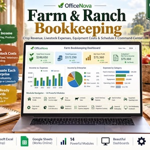 May include: A laptop displaying the OfficeNova Farm & Ranch Bookkeeping dashboard, featuring financial charts, income and expense tracking, and a module navigator. The screen shows data for total farm income, expenses, and net profit.