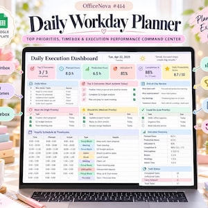 May include: A digital daily workday planner displayed on a laptop screen, featuring an execution dashboard with sections for top outcomes, timeboxing, task status, and hourly schedules. The interface includes colorful charts and tables for tracking productivity, completion percentages, and daily inbox items.