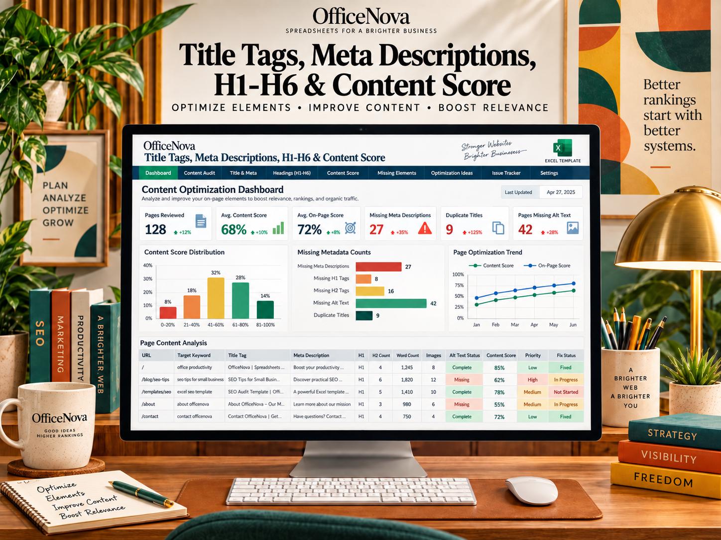May include: A computer monitor displaying an OfficeNova content optimization dashboard with data charts, tables, and metrics for title tags, meta descriptions, and content scores. The screen shows various SEO analytics, including page content analysis and missing metadata counts.