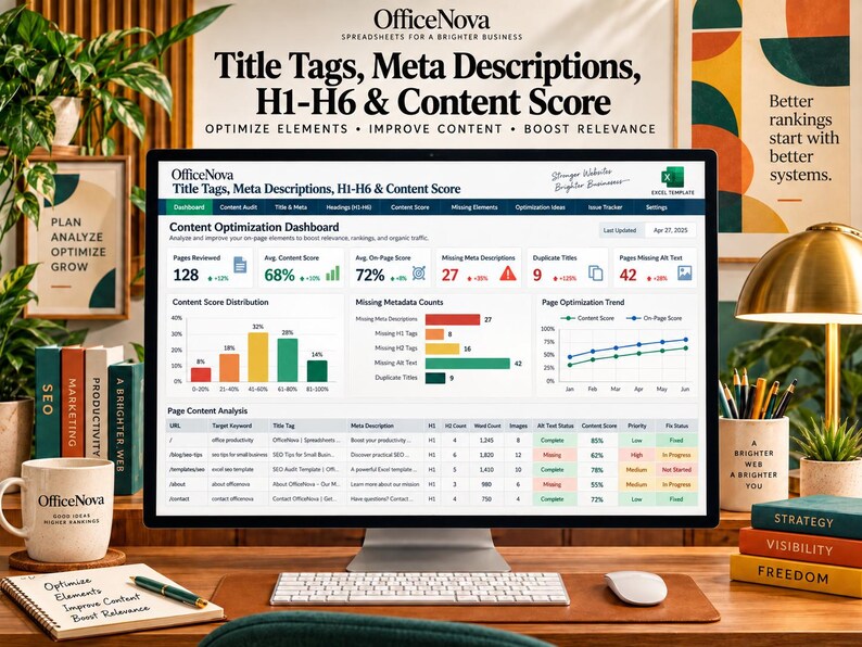 May include: A computer monitor displaying an OfficeNova content optimization dashboard with data charts, tables, and metrics for title tags, meta descriptions, and content scores. The screen shows various SEO analytics, including page content analysis and missing metadata counts.