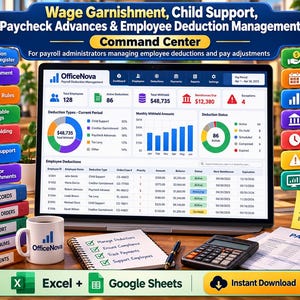 May include: A digital dashboard titled Wage Garnishment, Child Support, Paycheck Advances & Employee Deduction Management Command Center displayed on a laptop screen, surrounded by labeled buttons, a mug, a notebook, and a calculator.
