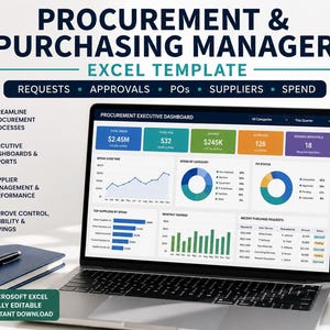 May include: A laptop displaying a Procurement & Purchasing Manager Excel template with a Procurement Executive Dashboard. The screen shows data visualizations including bar charts, pie charts, and metrics for spend, POs, and savings, with text labels.