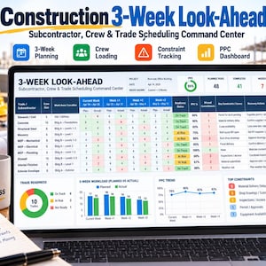 Op de afbeelding: Een laptopscherm met een 3-weken bouwplanning-dashboard met gegevens over onderaannemers, PPC-statistieken en grafieken voor de gereedheid van vaklieden, inclusief kolommen voor vakgebied, teamgrootte en werklocatie.