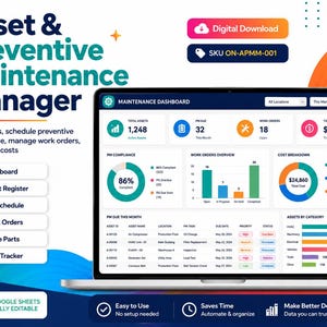 May include: A digital dashboard for an Asset and Preventive Maintenance Manager displayed on a laptop screen. The interface features charts, tables, and metrics for tracking assets, work orders, and costs, with labels like Dashboard, Asset Register, and PM Schedule.