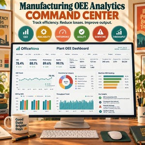 Peut inclure: Un écran d'ordinateur affichant un tableau de bord Plant OEE avec des graphiques, des mesures et le logo OfficeNova. L'écran présente des statistiques sur l'OEE, la disponibilité, la performance, la qualité et les arrêts. Accessoires inclus : mug, clavier, souris et carnets.