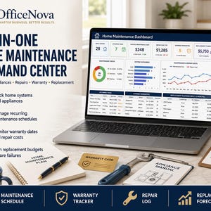 Peut inclure: Un ordinateur portable affichant un tableau de bord de maintenance domestique OfficeNova avec des données sur les systèmes, appareils, réparations et garanties. À côté se trouvent un carnet, un stylo, une carte de garantie, une clé, un manuel et un filtre HVAC.