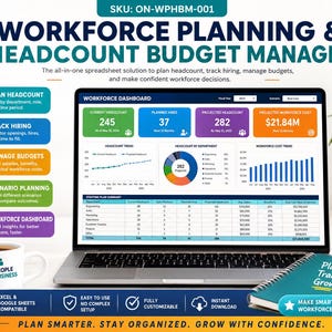 May include: A laptop displaying a Workforce Planning & Headcount Budget Manager dashboard with charts, tables, and metrics. The screen shows data for current headcount, planned hires, and projected costs. Text includes SKU: ON-WPHBM-001 and Plan. Track. Grow.