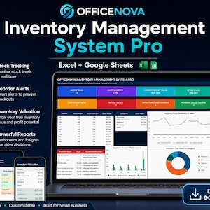May include: OfficeNova Inventory Management System Pro for Excel and Google Sheets displayed on a laptop and two mobile devices. The screen shows data dashboards, stock tracking, reorder alerts, inventory valuation, and performance reports.