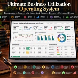 Può includere: Uno schermo di computer portatile che mostra la dashboard dell'Ultimate Business Utilization Operating System, con grafici di dati, metriche di utilizzo e tabelle di asset. L'interfaccia include sezioni per personale, risorse, spazi e recupero ricavi.